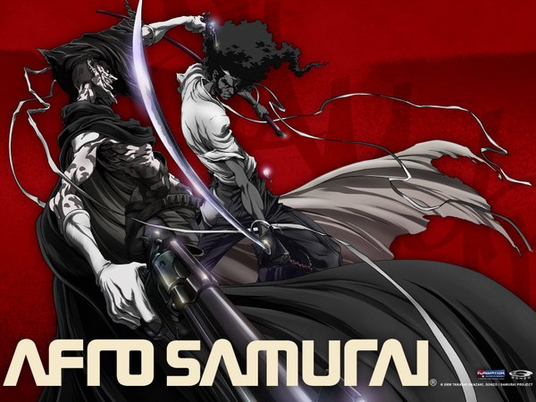 Anime picture 1600x1200 with afro samurai black hair inscription multiple boys battle afro boy gloves ribbon (ribbons) weapon sword bracelet katana gun 2 boys