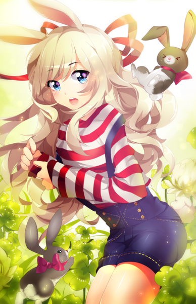 Anime picture 809x1250 with original ifabulicious (original) squchan single long hair tall image blush open mouth blue eyes blonde hair animal ears sunlight bunny ears > < girl ribbon (ribbons) bow plant (plants) hair ribbon animal