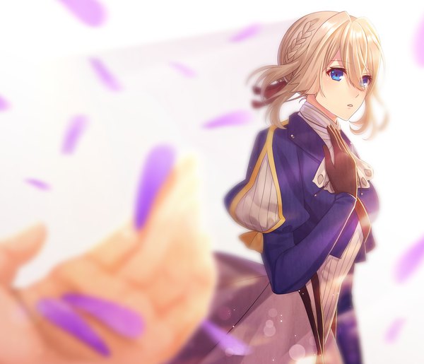 Anime picture 1507x1294 with violet evergarden kyoto animation violet evergarden (character) 38texissyu fringe short hair blue eyes blonde hair hair between eyes looking away depth of field solo focus pov girl gloves ribbon (ribbons) hair ribbon petals hand