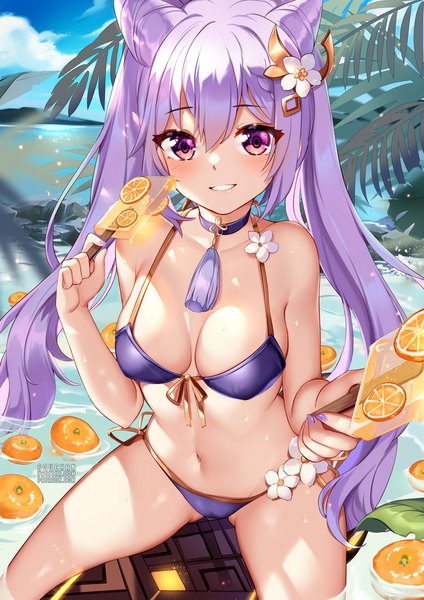 Anime picture 884x1250 with genshin impact keqing (genshin impact) squchan single long hair tall image looking at viewer blush fringe breasts light erotic smile hair between eyes large breasts sitting purple eyes twintails holding signed payot
