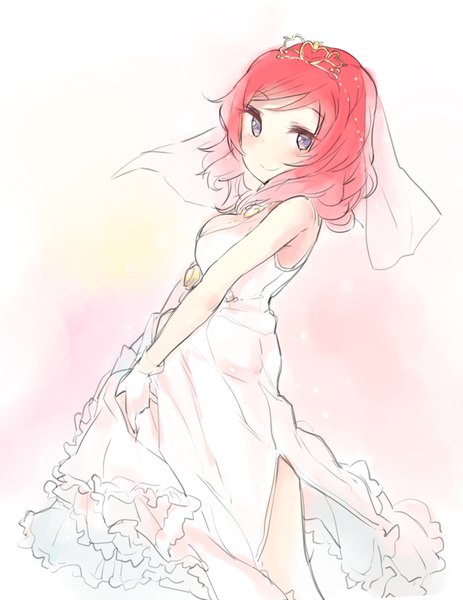 Anime picture 708x918 with love live! school idol project sunrise (studio) love live! nishikino maki yuran (cozyquilt) single tall image looking at viewer blush short hair breasts smile standing purple eyes bare shoulders pink hair girl dress gloves white gloves