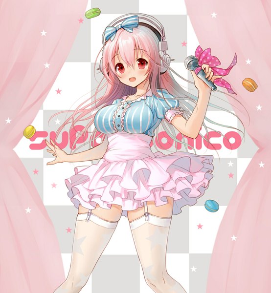 Anime picture 1046x1132 with nitroplus super sonico hayama eishi single long hair tall image looking at viewer blush breasts red eyes large breasts pink hair zettai ryouiki frilly skirt checkered checkered background girl thighhighs skirt bow