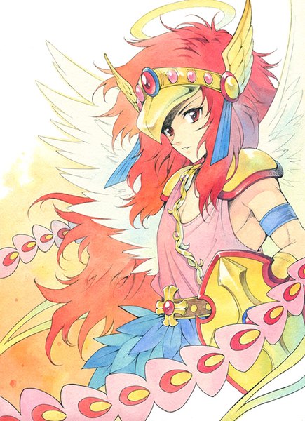 Anime picture 581x800 with bikkuriman toei animation head rococo agahari single long hair tall image red eyes looking away red hair angel wings traditional media angel watercolor (medium) boy wings armor halo shield