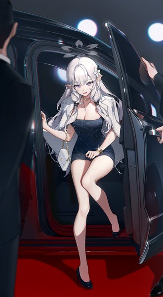 Anime picture 1200x2185 with blue archive himari (blue archive) ttosom long hair tall image looking at viewer fringe breasts open mouth sitting purple eyes cleavage silver hair full body bent knee (knees) blunt bangs :d hair flower pointy ears mole