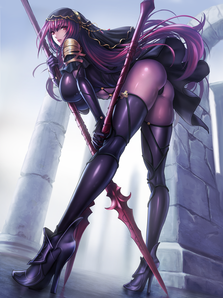 Anime picture 3000x4000 with fate (series) fate/grand order scathach (fate) (all) scathach (fate) sadakage single long hair tall image looking at viewer fringe highres breasts light erotic hair between eyes red eyes holding purple hair full body ass parted lips
