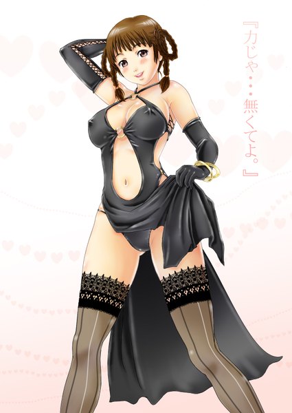 Anime picture 1200x1692 with dead or alive lei fang keito fujihara (artist) single tall image looking at viewer blush short hair breasts light erotic smile brown hair brown eyes erect nipples covered nipples arm behind head girl thighhighs dress gloves