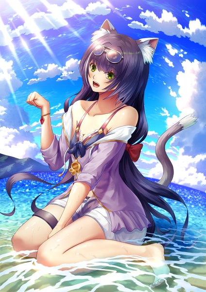 Anime picture 1240x1754 with princess connect! re:dive princess connect! karyl (princess connect!) fujifuji924 single tall image looking at viewer blush fringe breasts open mouth black hair smile sitting bare shoulders green eyes animal ears sky cloud (clouds) full body