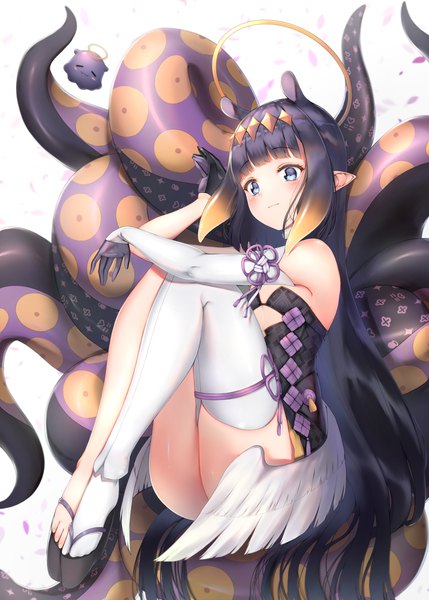 Anime picture 2000x2800 with virtual youtuber hololive hololive english ninomae ina'nis ninomae ina'nis (1st costume) takodachi (ninomae ina'nis) ijac ray single tall image fringe highres blue eyes light erotic black hair animal ears full body blunt bangs very long hair pointy ears extra ears