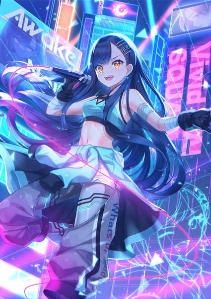 Anime picture 2150x3035 with project sekai shiraishi an lushuao single long hair tall image looking at viewer fringe highres open mouth black hair standing bare shoulders brown eyes bent knee (knees) :d midriff city standing on one leg cityscape