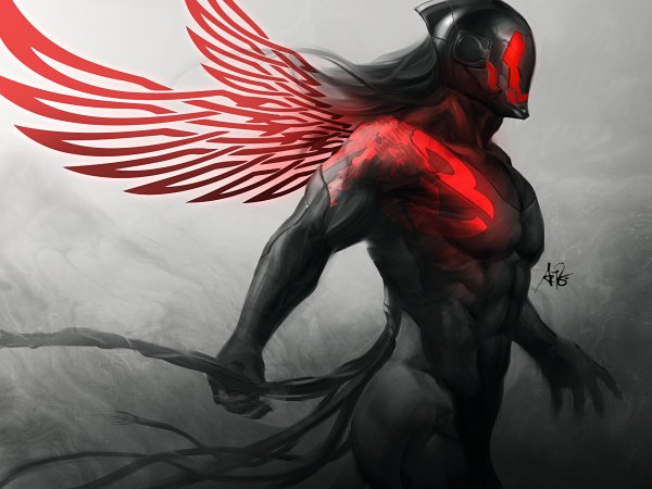 Anime picture 1200x900 with artgerm (stanley lau) single long hair highres black hair signed tattoo glowing monochrome muscle boy wings helmet