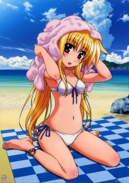 Anime picture 3277x4658 with mahou shoujo lyrical nanoha fate testarossa long hair tall image blush highres open mouth light erotic blonde hair red eyes absurdres sky cloud (clouds) scan official art beach girl swimsuit bikini sea