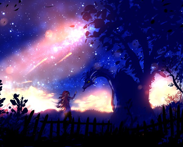 Anime picture 2500x2000 with original ryky single long hair highres red eyes yellow eyes profile night night sky outstretched arm fantasy eye contact walking shooting star girl plant (plants) tree (trees) tongue star (stars)