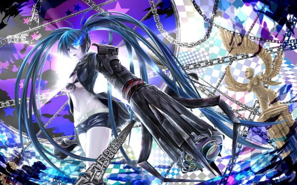 Anime picture 2400x1500 with black rock shooter black rock shooter (character) highres wide image scar gun chain