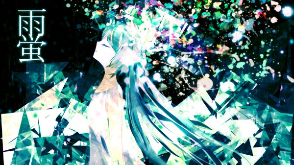 Anime picture 1200x675 with vocaloid hatsune miku meola single long hair wide image eyes closed aqua hair multicolored girl