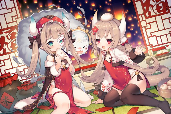 Anime picture 1500x1000 with ark order nian (ark order) nian-xinchun yi shou utm long hair looking at viewer blush fringe open mouth blue eyes smile red eyes sitting twintails multiple girls eyes closed traditional clothes :d hair flower horn (horns)