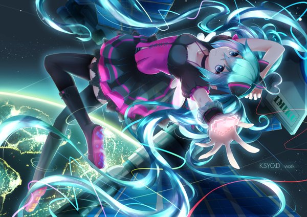 Anime picture 3000x2121 with vocaloid hatsune miku asahi kuroi single highres blue eyes twintails signed very long hair aqua eyes aqua hair space girl thighhighs dress bow black thighhighs hair bow boots satellite