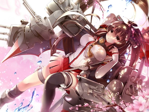Anime picture 1333x1000 with kantai collection yamato super battleship ninjinshiru single blush breasts brown hair large breasts brown eyes ponytail very long hair sunlight cherry blossoms girl thighhighs skirt hair ornament flower (flowers) weapon black thighhighs