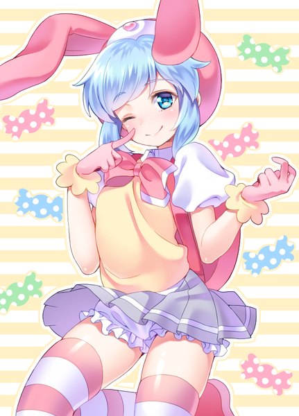 Anime picture 645x897 with tagme (character) shouni (sato3) single tall image blush fringe short hair blue eyes smile animal ears blue hair one eye closed wink fake animal ears girl thighhighs skirt gloves striped thighhighs clothes