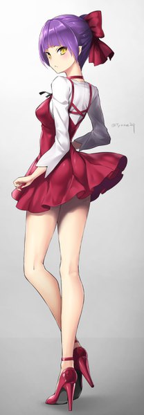 Anime-Bild 427x1228 mit gegege no kitarou toei animation nekomusume nekomusume (gegege no kitarou 6) tyone single tall image looking at viewer blush short hair breasts simple background standing signed yellow eyes purple hair full body long sleeves looking back pointy ears