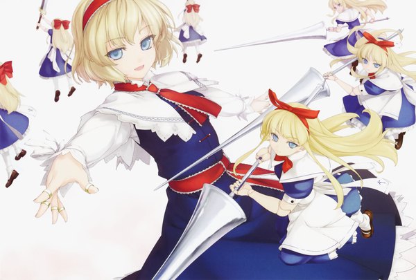 Anime picture 2220x1500 with touhou alice margatroid shanghai rokuwata tomoe single looking at viewer fringe highres short hair open mouth blue eyes blonde hair smile white background long sleeves :d scan outstretched arm doll joints girl