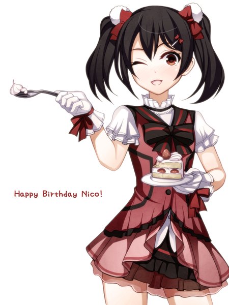 Anime picture 750x1000 with love live! school idol project sunrise (studio) love live! yazawa nico torigoe takumi single long hair tall image looking at viewer open mouth black hair red eyes white background twintails one eye closed wink happy birthday girl dress gloves
