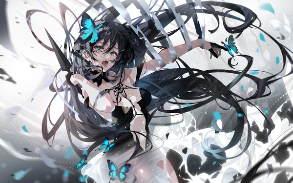 Anime picture 4800x3000 with original arutera single looking at viewer fringe highres breasts open mouth light erotic black hair hair between eyes large breasts standing holding absurdres cleavage very long hair aqua eyes fang (fangs) floating hair