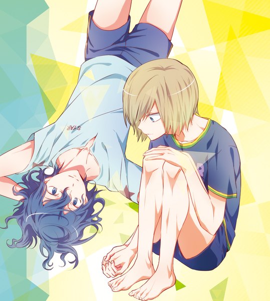 Anime picture 900x1001 with yowamushi pedal teshima junta aoyagi hajime kushimori tall image fringe short hair blue eyes blonde hair sitting blue hair looking away lying barefoot hair over one eye multiple boys holding hands arm behind head eye contact shounen ai