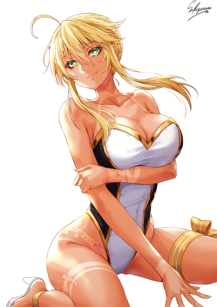 Anime picture 1000x1414 with fate (series) fate/grand order artoria pendragon (all) artoria pendragon (lancer) sakiyamama single tall image looking at viewer blush fringe short hair breasts light erotic simple background blonde hair hair between eyes large breasts white background sitting green eyes