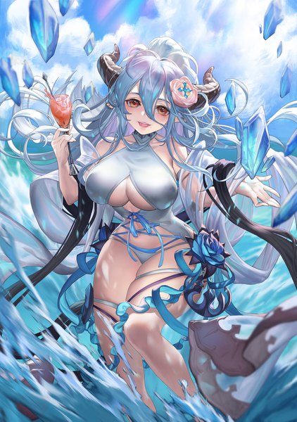 Anime picture 1500x2131 with granblue fantasy izmir fengyin shici guozi single long hair tall image looking at viewer blush fringe breasts open mouth light erotic smile hair between eyes large breasts standing holding brown eyes sky cleavage