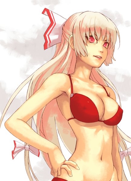 Anime picture 722x1000 with touhou fujiwara no mokou yuuji (and) single long hair tall image looking at viewer light erotic simple background blonde hair white background pink eyes hand on hip girl navel bow swimsuit hair bow bikini