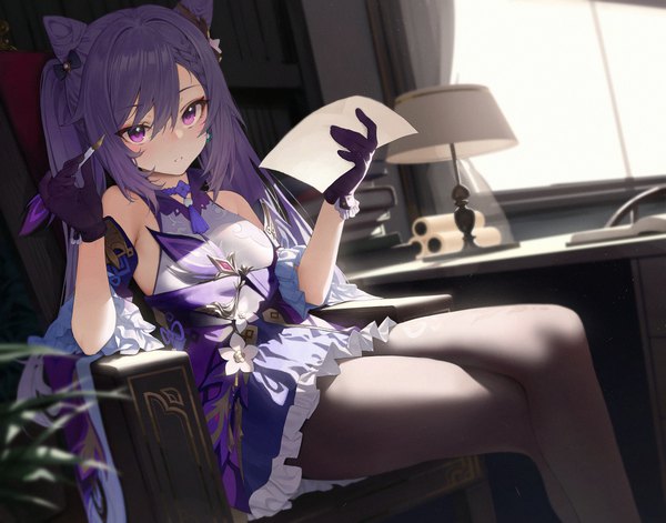Anime picture 4087x3205 with genshin impact keqing (genshin impact) mochirong single long hair looking at viewer blush fringe highres hair between eyes sitting twintails bare shoulders holding absurdres purple hair bent knee (knees) indoors parted lips pink eyes