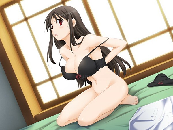 Anime picture 1024x768 with koi to mizugi to taiyou (game) long hair light erotic black hair red eyes game cg girl