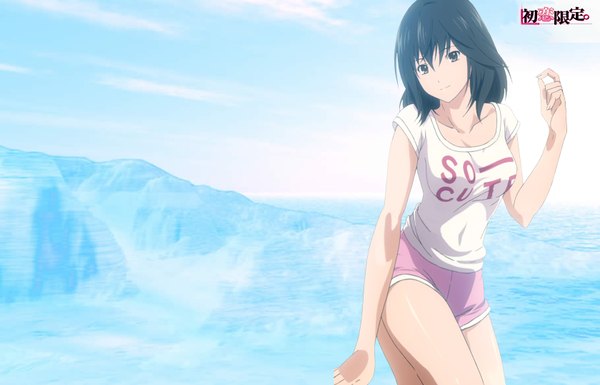 Anime picture 1680x1080 with hatsukoi limited j.c. staff yamamoto misaki long hair breasts black hair large breasts brown eyes sky bare legs mountain clothes writing skin tight shorts short shorts t-shirt