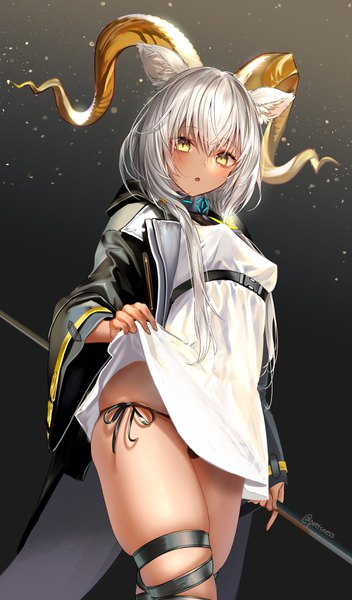 Anime picture 2000x3400 with arknights beeswax (arknights) pottsness single long hair tall image looking at viewer blush fringe highres breasts open mouth light erotic simple background hair between eyes holding signed animal ears yellow eyes silver hair