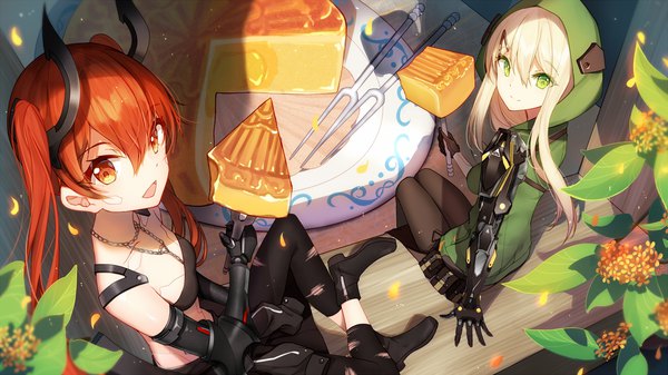 Anime picture 1920x1080 with idollers kannu ryohu bison cangshu long hair looking at viewer fringe highres breasts open mouth blonde hair smile hair between eyes wide image sitting multiple girls holding green eyes horn (horns) orange hair