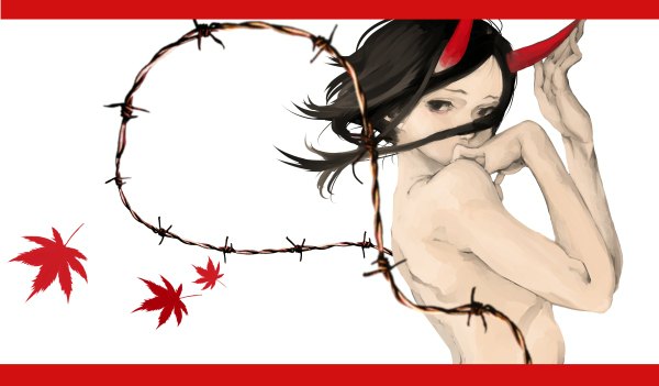 Anime picture 1200x702 with original 1ji45fun single long hair light erotic simple background brown hair wide image white background bare shoulders brown eyes looking away horn (horns) wind finger to mouth letterboxed topless oni horns dark hair girl