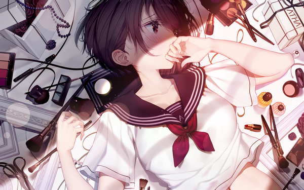 Anime picture 1920x1200 with original atha (leejuiping) single blush fringe highres short hair black hair brown eyes upper body profile fingernails short sleeves shaded face covered mouth girl uniform serafuku rose (roses) beads
