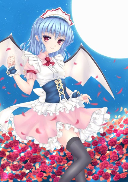 Anime picture 848x1200 with touhou remilia scarlet fred0092 single tall image short hair red eyes blue hair night girl thighhighs dress flower (flowers) black thighhighs petals wings headdress rose (roses) moon