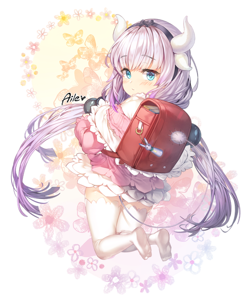 Anime picture 726x891 with kobayashi-san chi no maidragon kyoto animation kanna kamui aile (crossroads) single tall image looking at viewer blush fringe blue eyes light erotic twintails bent knee (knees) very long hair looking back horn (horns) no shoes low twintails girl thighhighs