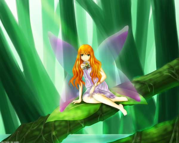 Anime picture 1280x1024 with original rougecrown single long hair looking at viewer blonde hair sitting green eyes signed full body barefoot orange hair hand on knee fairy girl plant (plants) wings grass