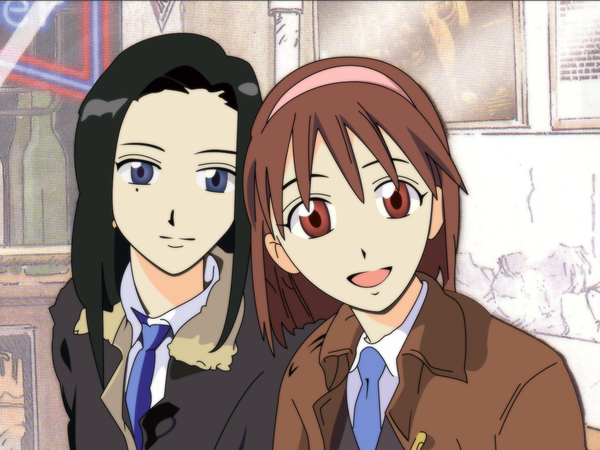 Anime picture 1600x1200 with kare kano kareshi kanojo no jijou j.c. staff gainax miyazawa yukino isawa maho looking at viewer short hair open mouth blue eyes black hair red eyes brown hair multiple girls mole mole under eye vector girl uniform 2 girls