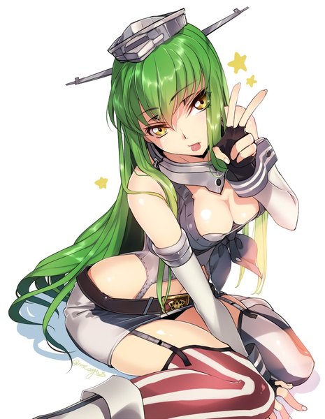 Anime picture 700x904 with code geass sunrise (studio) c.c. creayus single long hair tall image looking at viewer fringe breasts light erotic white background green hair victory cosplay iowa (kantai collection) (cosplay) girl skirt gloves hair ornament