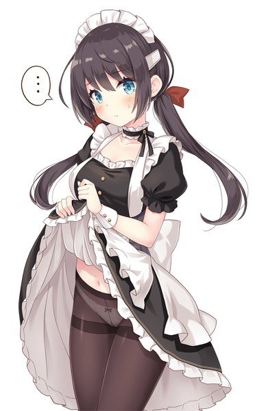 Anime picture 745x1200 with azur lane glasgow (azur lane) yamasan single long hair tall image looking at viewer blush fringe light erotic black hair simple background white background twintails aqua eyes short sleeves maid puffy sleeves low twintails sweatdrop