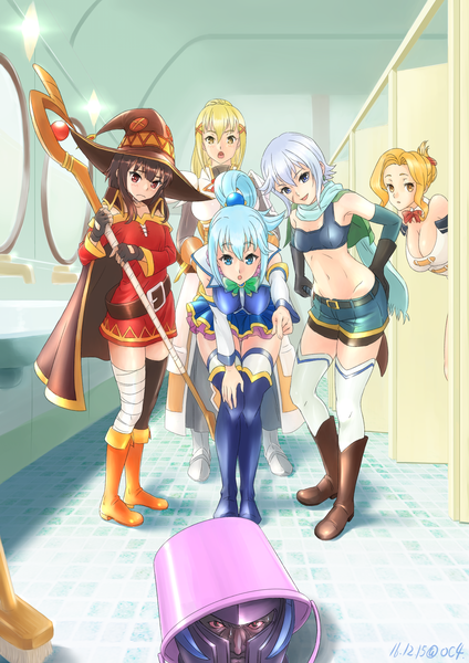 Anime picture 2480x3508 with kono subarashii sekai ni shukufuku wo! studio deen megumin aqua (konosuba) darkness (konosuba) luna (konosuba) chris (konosuba) verdia oc4 oshiyon long hair tall image fringe highres short hair breasts open mouth blue eyes light erotic black hair blonde hair