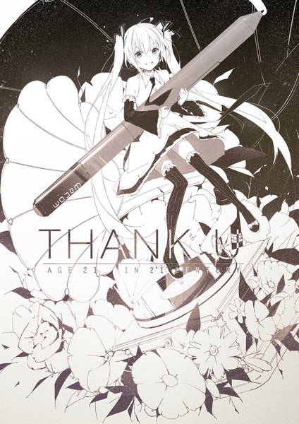 Anime-Bild 1500x2120 mit vocaloid hatsune miku kieed single tall image looking at viewer fringe smile hair between eyes twintails bare shoulders full body ahoge very long hair monochrome girl thighhighs flower (flowers) detached sleeves stylus