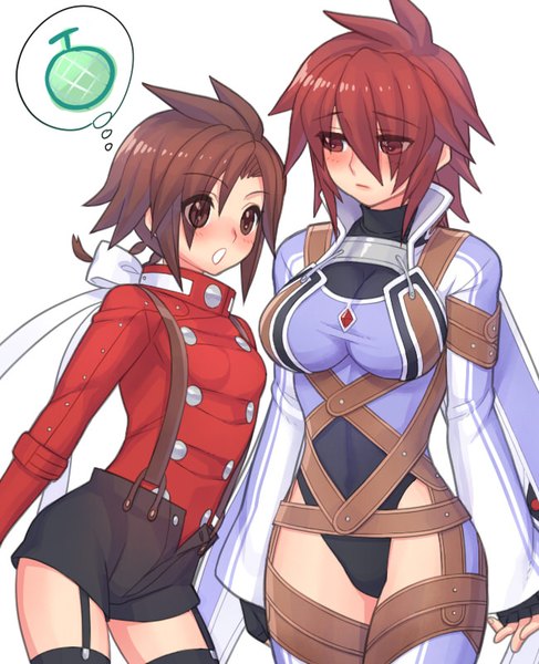 Anime picture 650x800 with tales of (series) tales of symphonia lloyd irving kratos aurion folks (nabokof) tall image blush fringe short hair breasts open mouth light erotic simple background hair between eyes red eyes brown hair large breasts standing white background multiple girls