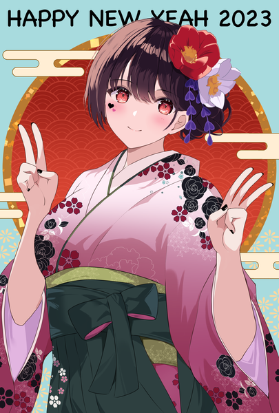 Anime picture 2756x4079 with original rererere mon single tall image looking at viewer blush fringe highres short hair black hair smile hair between eyes red eyes nail polish traditional clothes japanese clothes floral print new year black nail polish happy new year