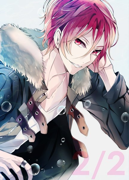 Anime picture 1000x1389 with free! kyoto animation matsuoka rin sukihi (artist) single tall image looking at viewer short hair simple background smile red eyes pink hair pink eyes grey background open clothes open jacket looking up arm behind head underwater boy