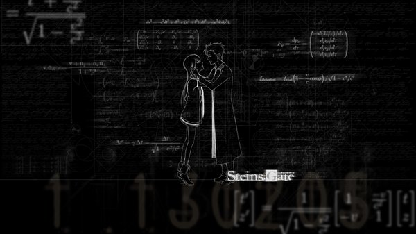 Anime picture 1920x1080 with steins;gate white fox makise kurisu okabe rintarou yagaminoue long hair highres short hair wide image standing profile copyright name standing on one leg face to face drawing girl boy blackboard labcoat chalk