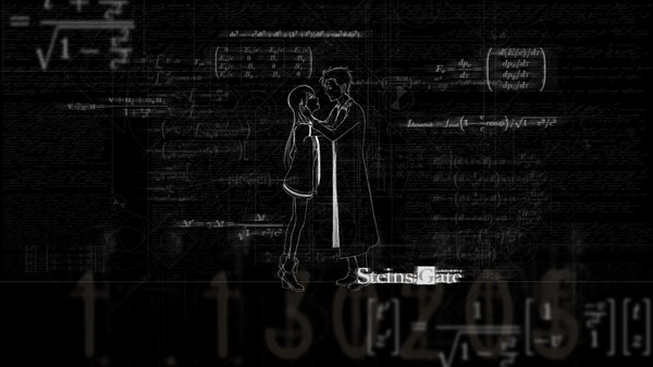 Anime-Bild 1920x1080 mit steins;gate white fox makise kurisu okabe rintarou yagaminoue long hair highres short hair wide image standing profile copyright name standing on one leg face to face drawing girl boy blackboard labcoat chalk